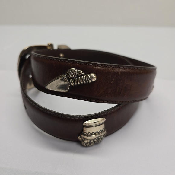 Vintage Brown Leather Gardening Theme Belt Silver Hardware Charms Size M USA main image 4